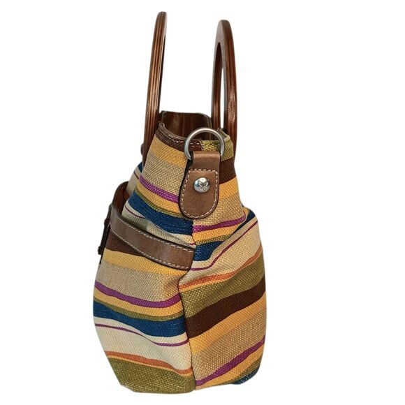 Striped Canvas Clutch Purse Wooden Handles Tan Blue Brown Summer Relic Brand - Picture 4 of 14